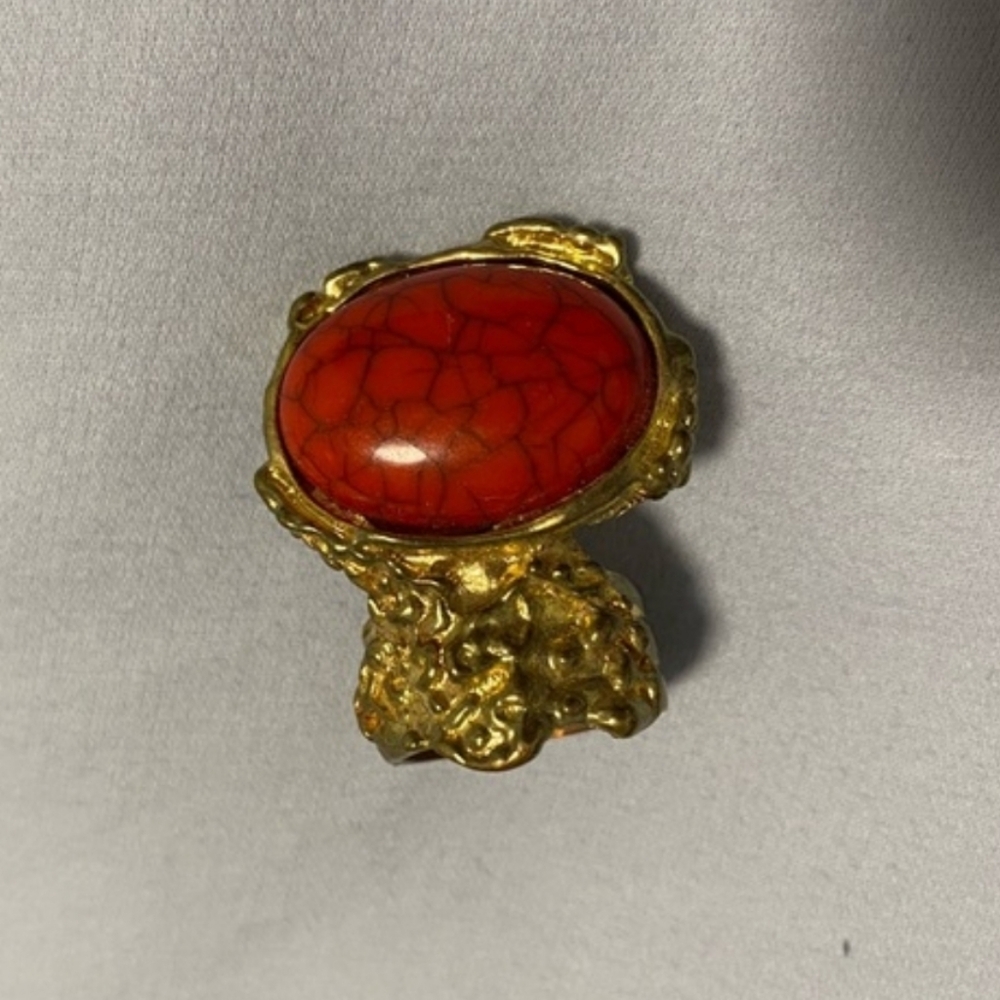 Gold-tone Statement Ring with Red Oval Stone